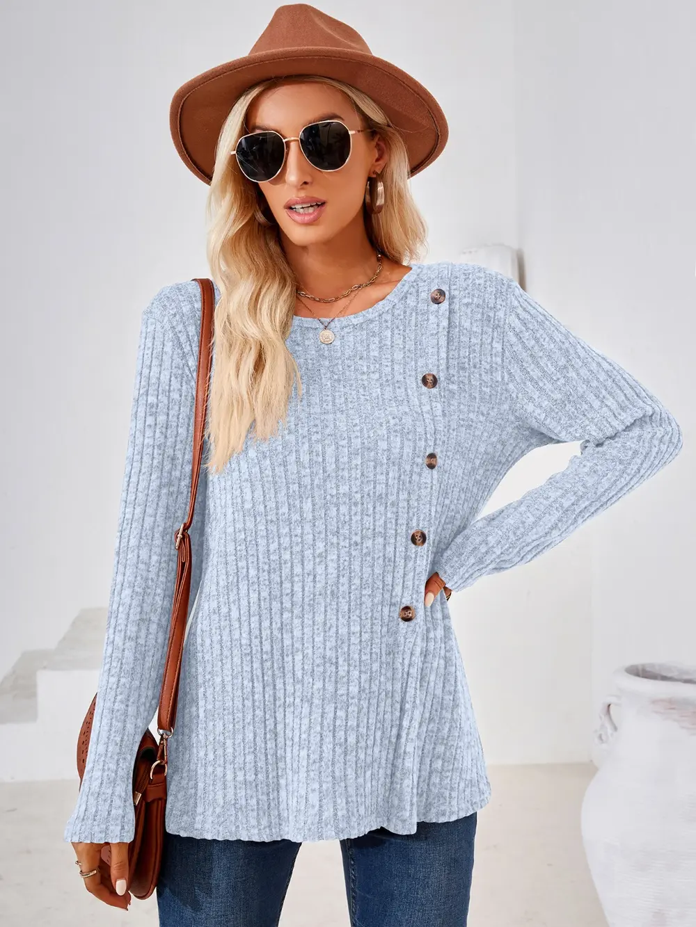 Ribbed Buttoned Round Neck Slit T-Shirt, image 19