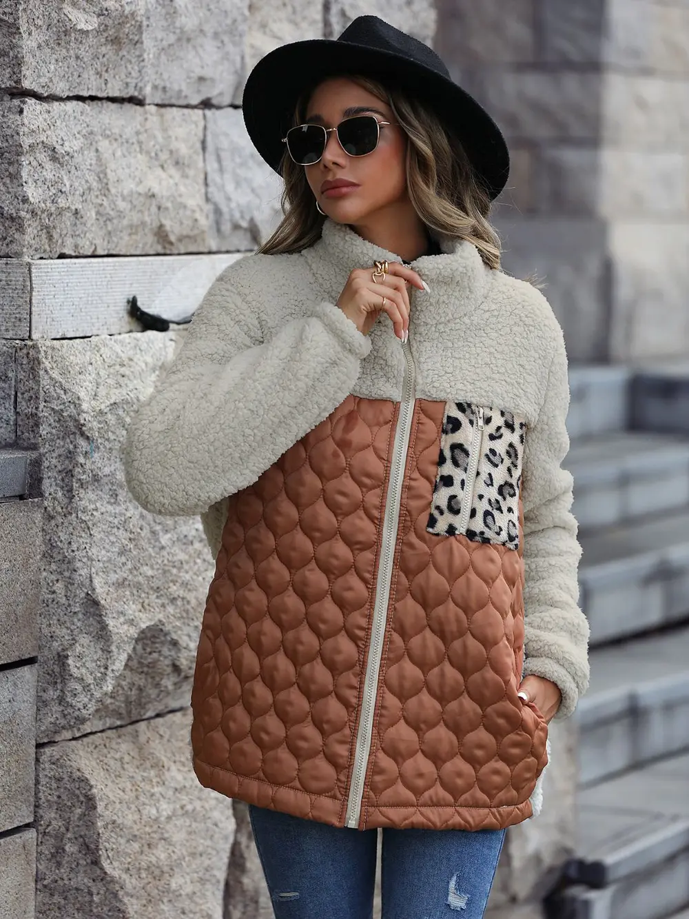 Leopard Color Block Zip-Up Jacket, image 4