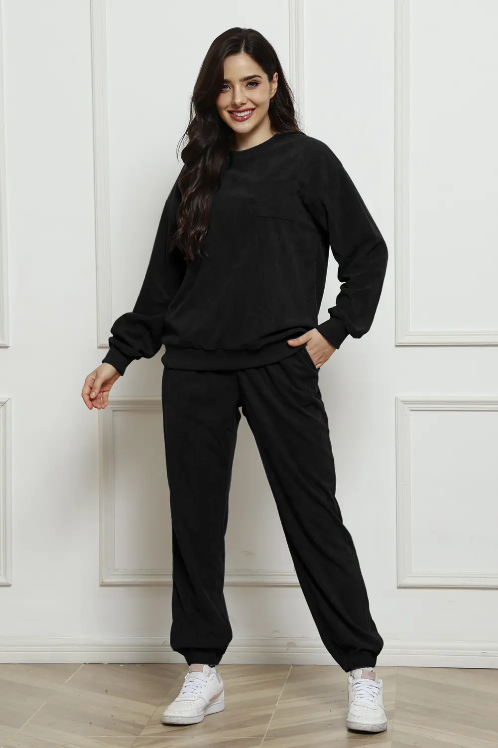 Corduroy Round Neck Sweatshirt and Sweatpants Set, image 19