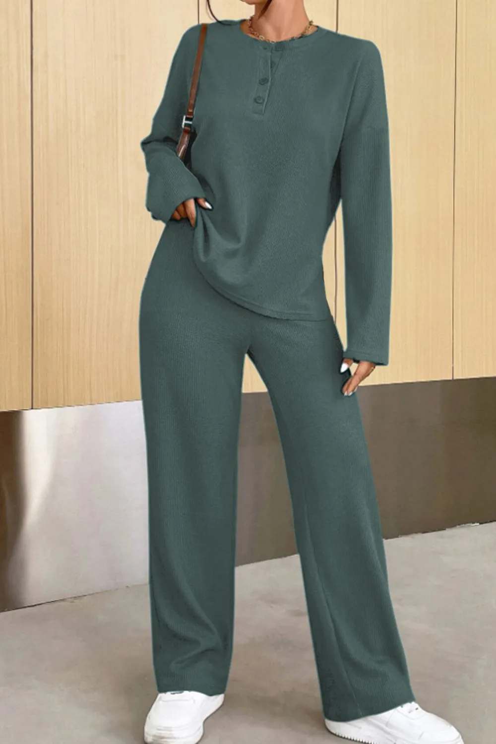 Ribbed Half Button Top and Pants Set, image 15