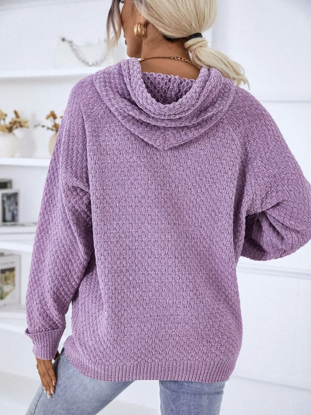 Texture Drawstring Long Sleeve Hooded Sweater, image 13