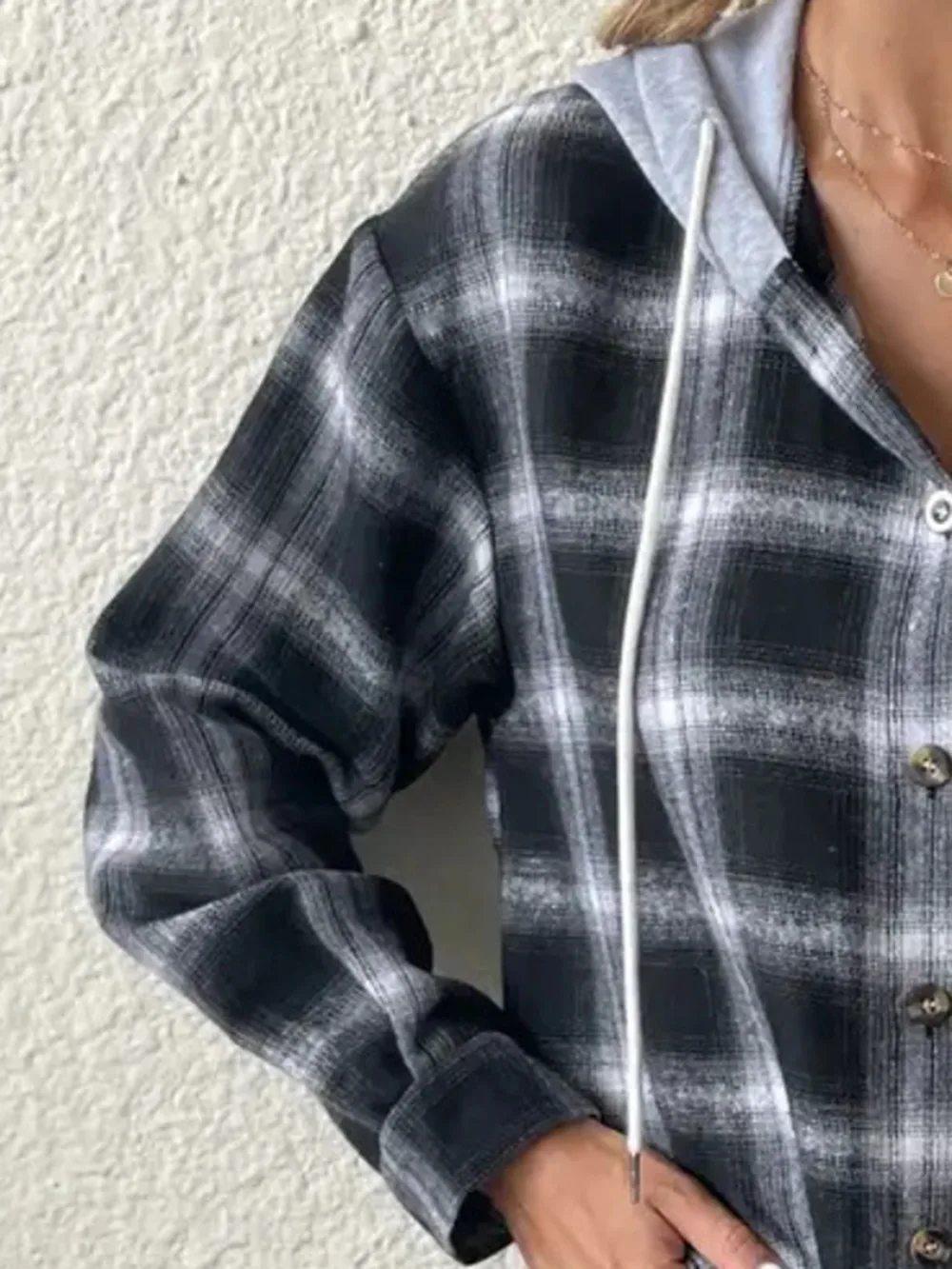 Plaid Drawstring Button Up Hooded Jacket, image 12
