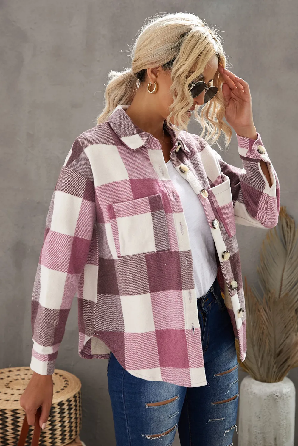 Plaid Button Up Dropped Shoulder Jacket, image 10