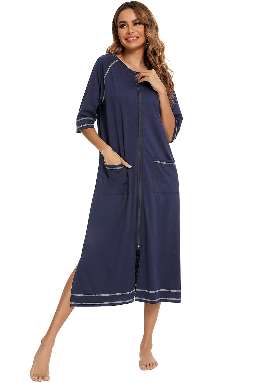 Zip Up Slit Round Neck Night Dress with Pockets, image 4