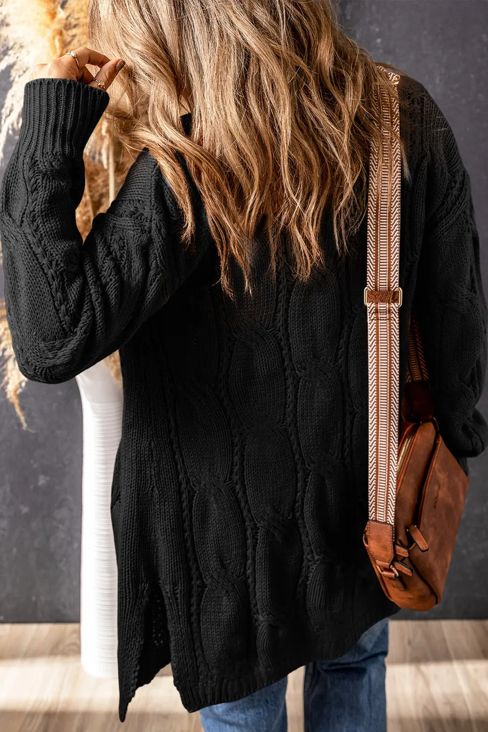 Cable-Knit Dropped Shoulder Slit Cardigan, image 10