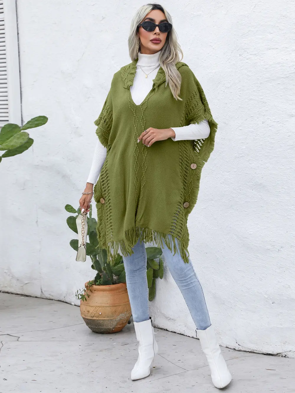 Fringe Trim Buttoned Hooded Poncho, image 16