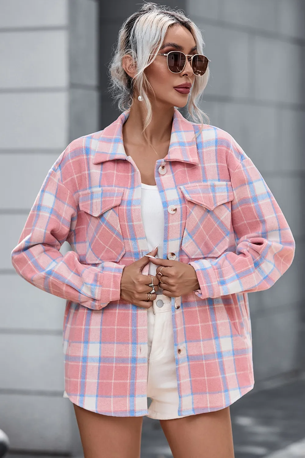 Plaid Pocketed Collared Neck Button Up Jacket, image 7