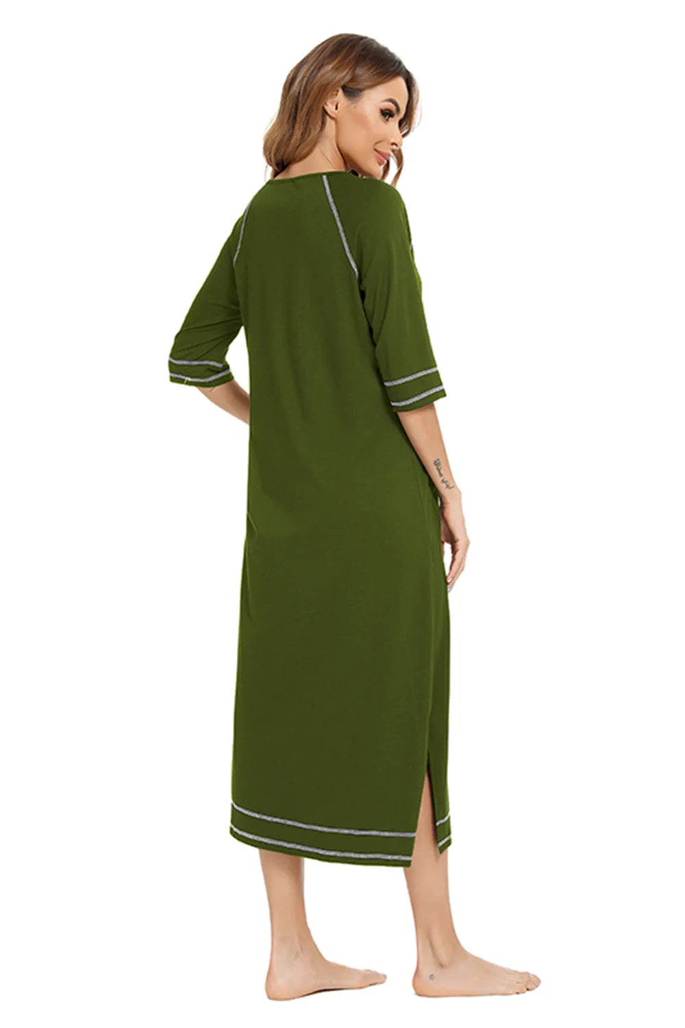 Zip Up Slit Round Neck Night Dress with Pockets, image 24