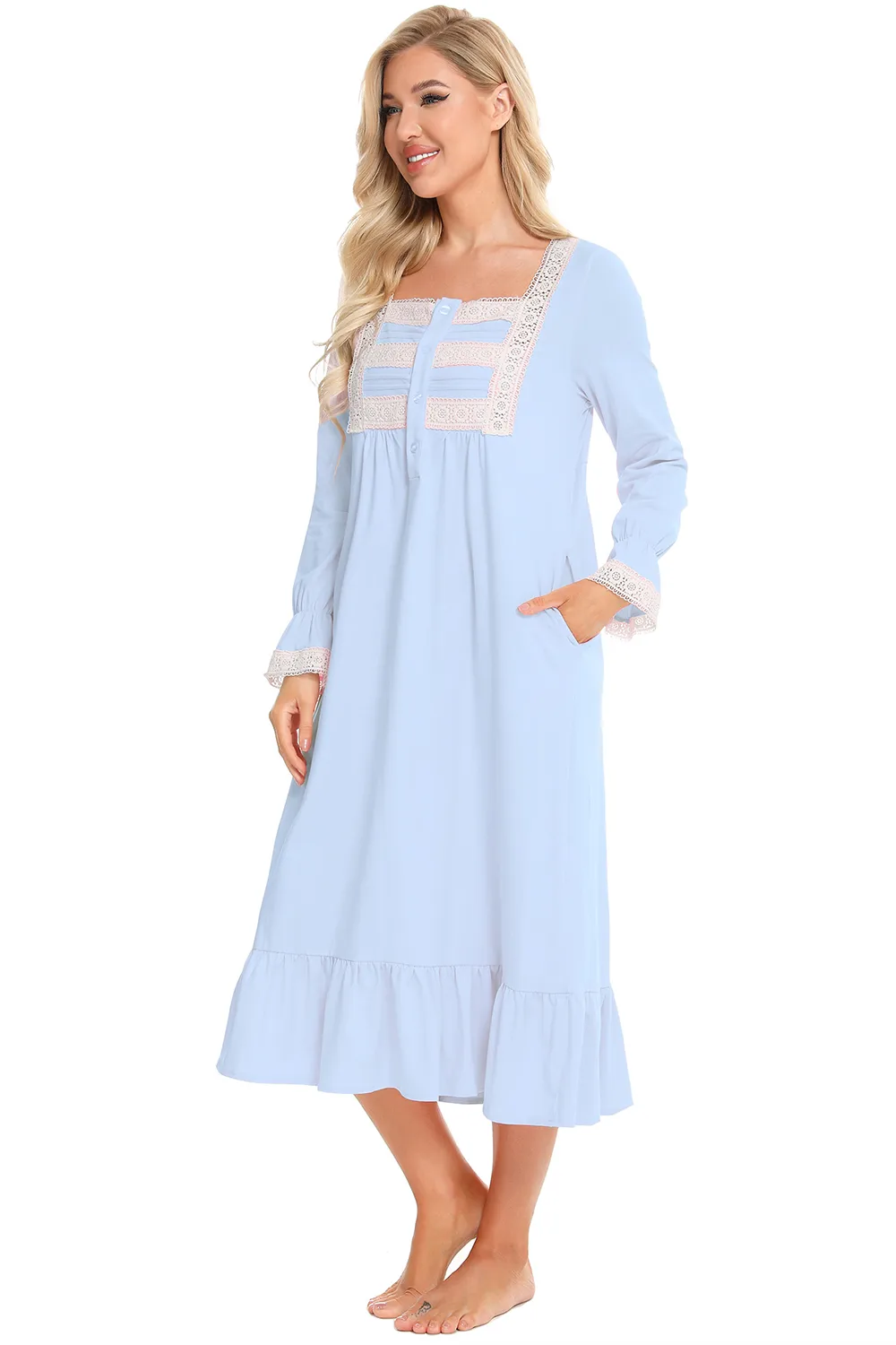 Lace Detail Square Neck Flounce Sleeve Night Dress, image 4