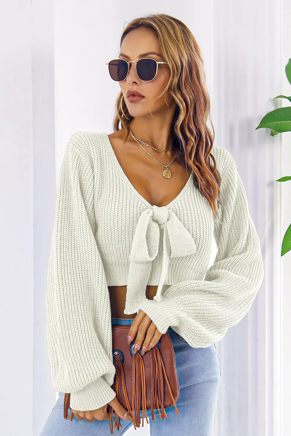 Bow V-Neck Long Sleeve Cropped Sweater, image 14