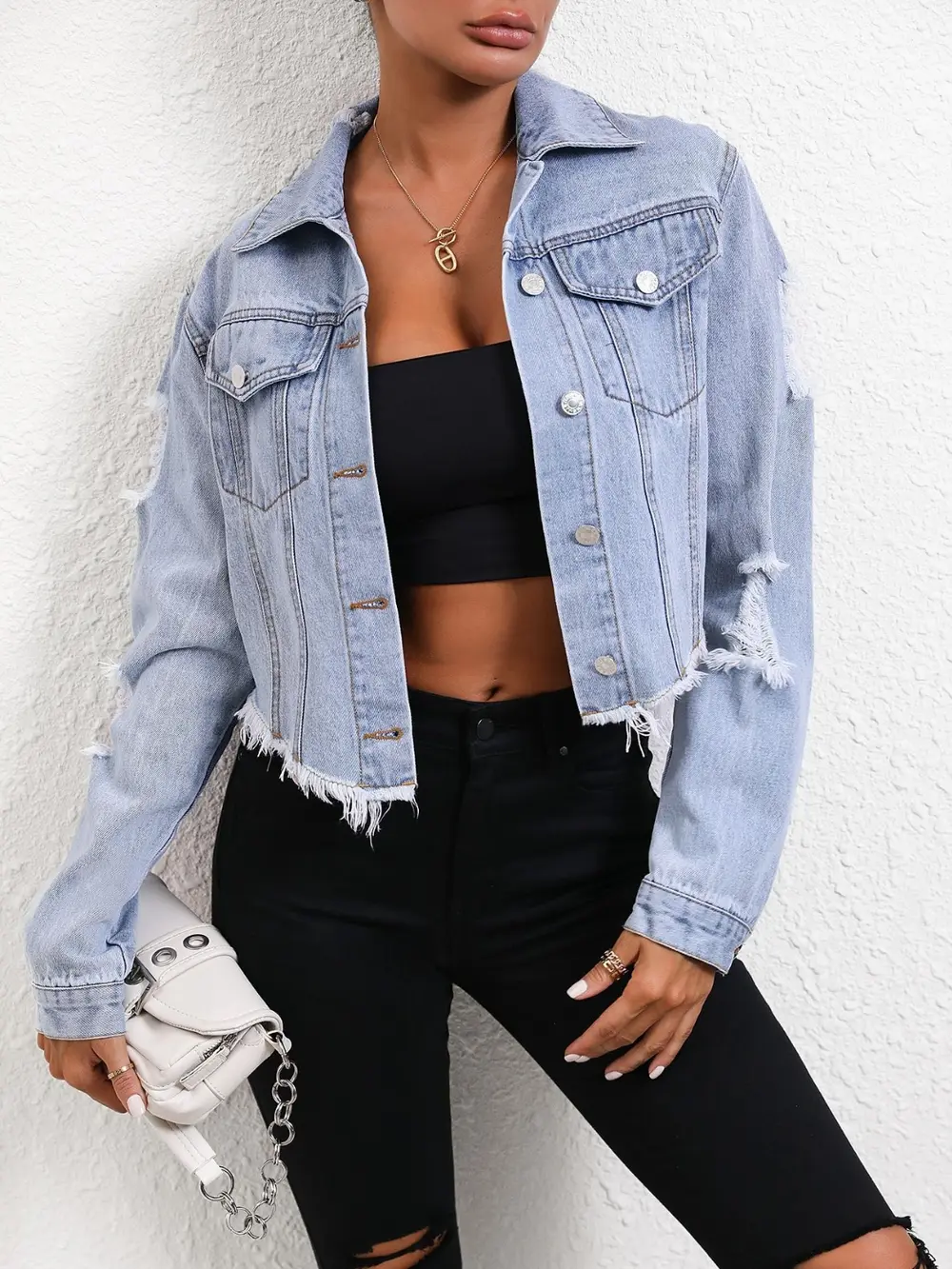 Distressed Raw Hem Button Up Denim Jacket, image 2