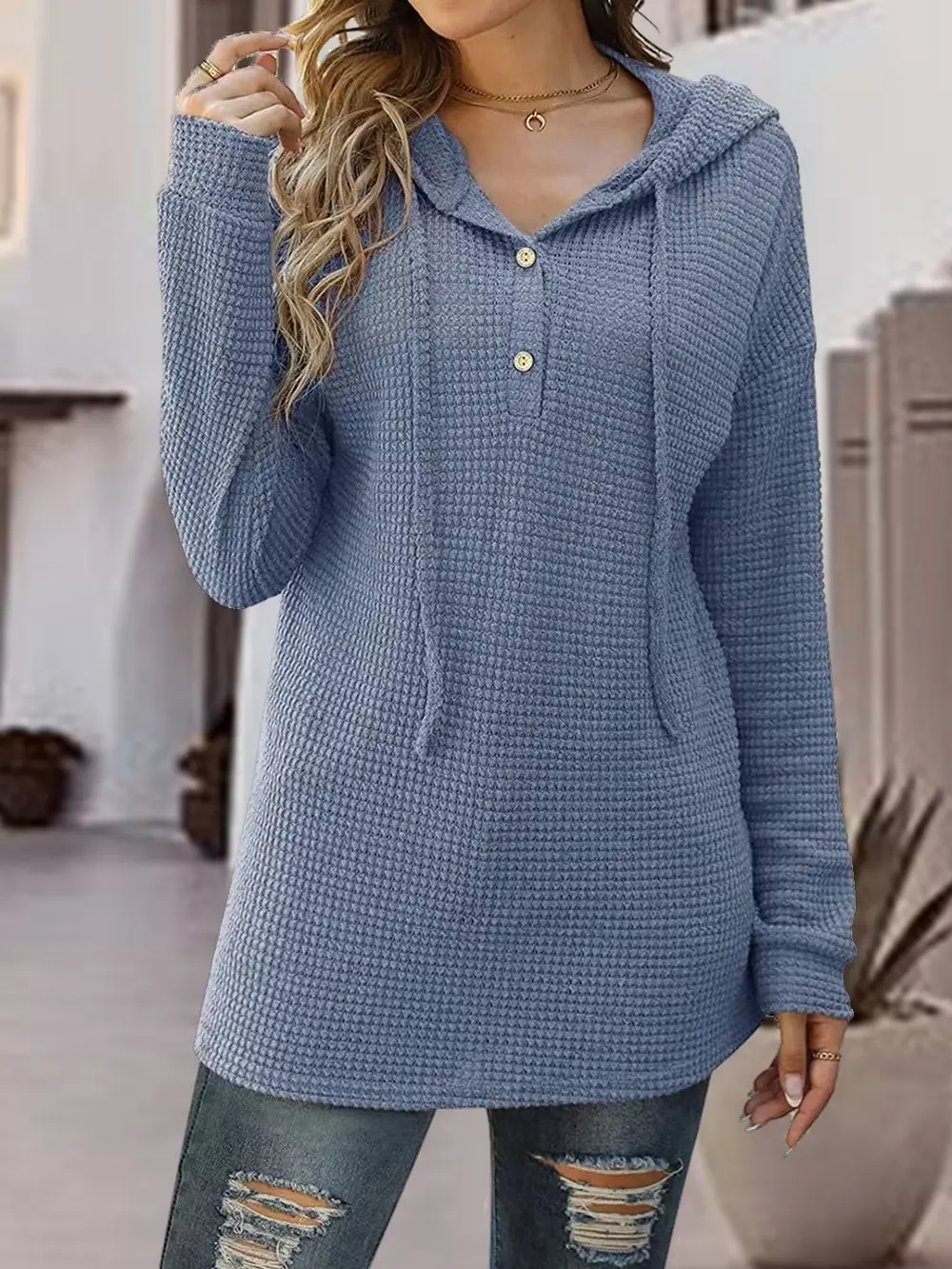 Half Button Up Drawstring Hoodie, image 4