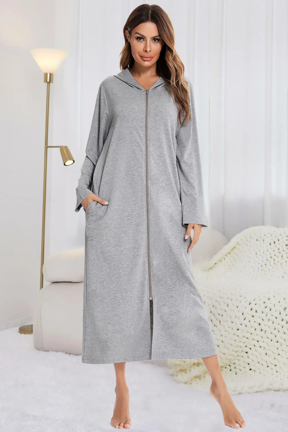 Zip Front Hooded Night Dress with Pockets, image 2