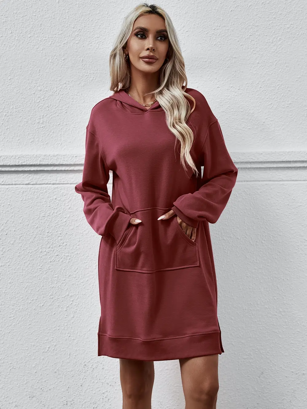 Slit Long Sleeve Hooded Dress with Pocket, image 13