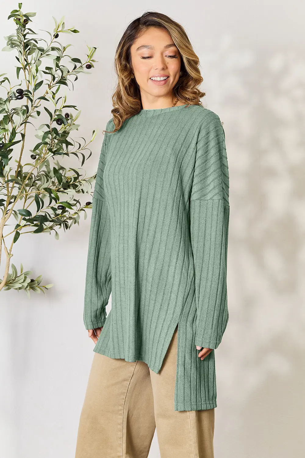 Full Size Ribbed Round Neck Long Sleeve Slit Top, image 31