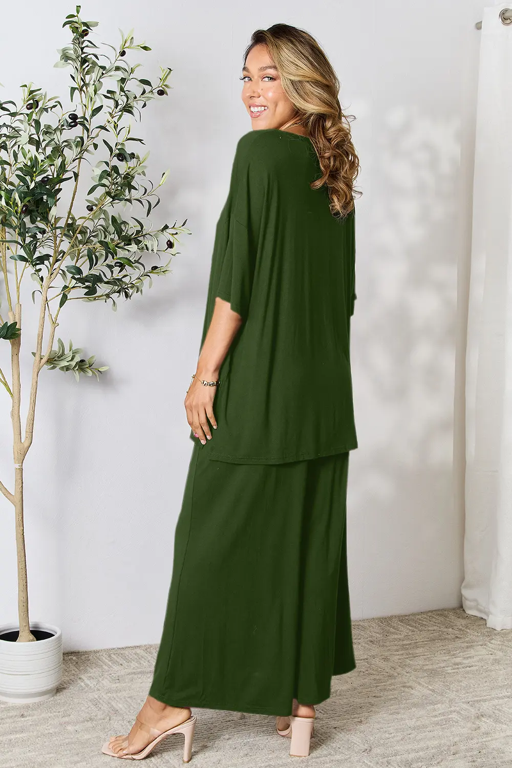 Full Size Round Neck Slit Top and Pants Set, image 31