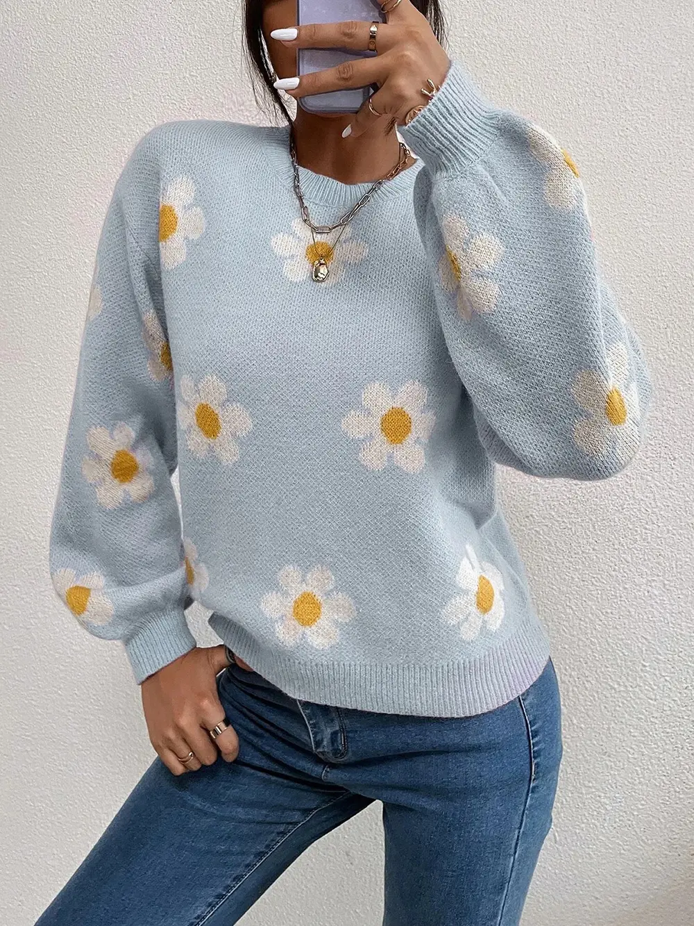 Flower Round Neck Latern Sleeve Sweater, image 16