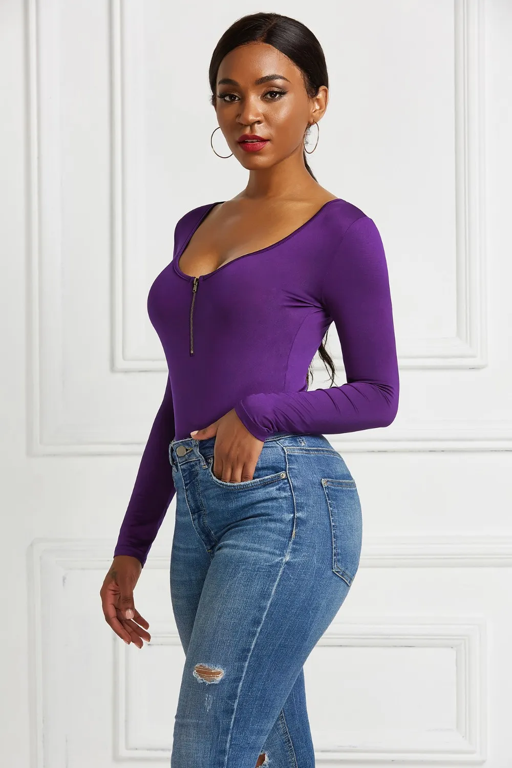 Half Zip Scoop Neck Long Sleeve Bodysuit, image 9