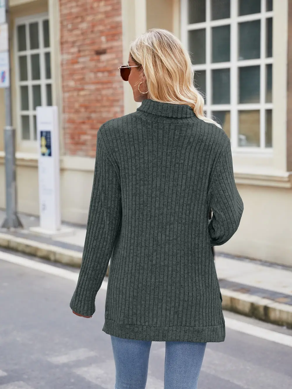 Ribbed Turtleneck Long Sleeve Slit Knit Top, image 16