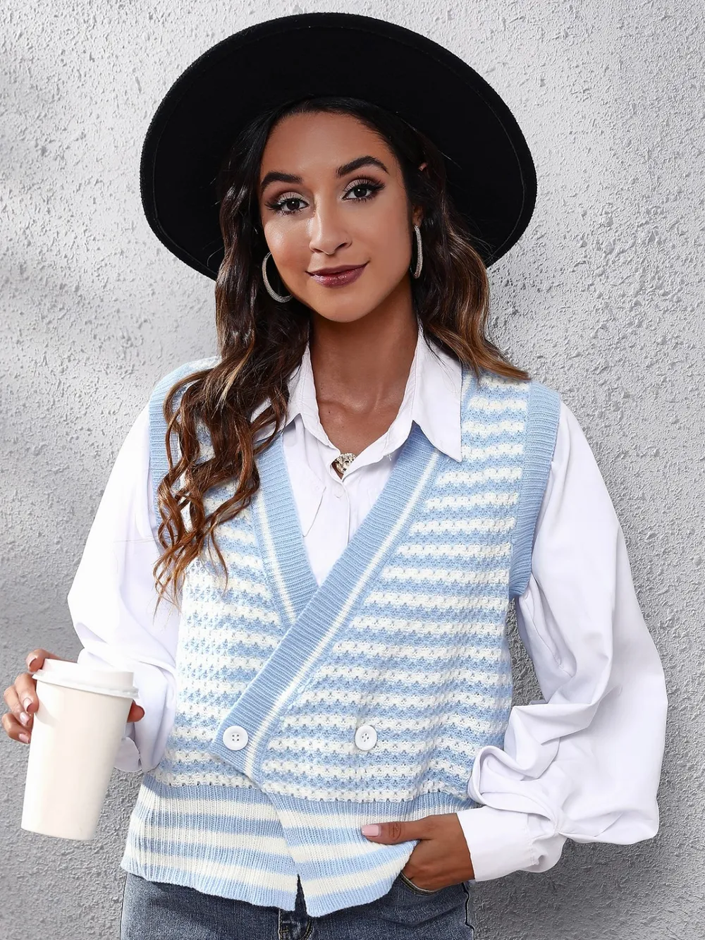 Striped Button Up V-Neck Sweater Vest, image 4