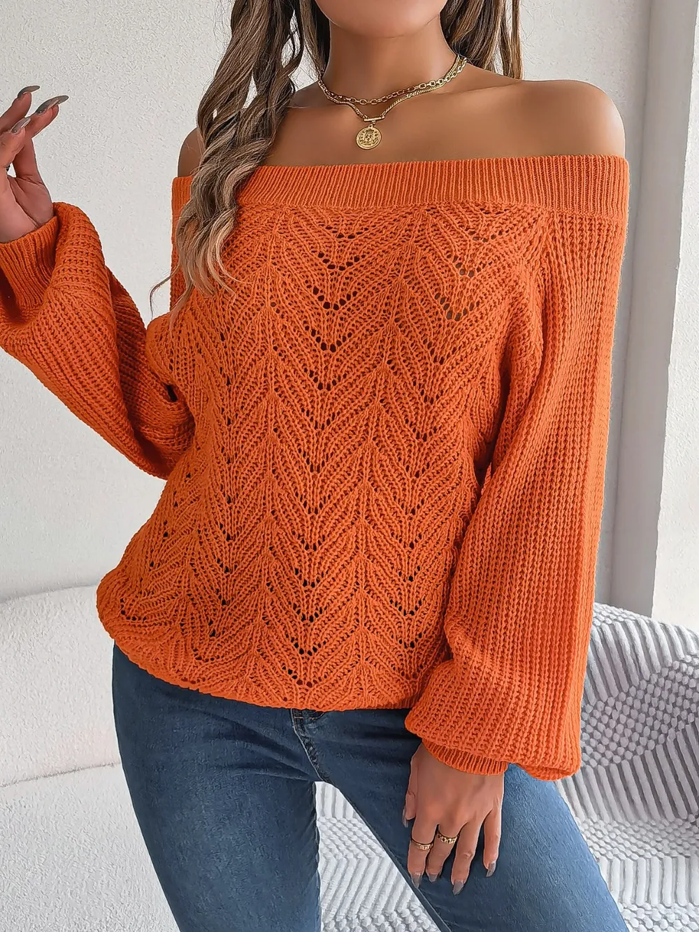 Openwork Off-Shoulder Long Sleeve Sweater, image 11