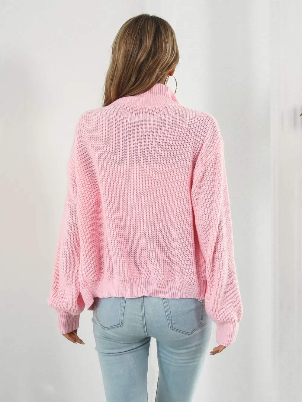 Turtleneck Zip Up Long Sleeve Knit Top, image 9