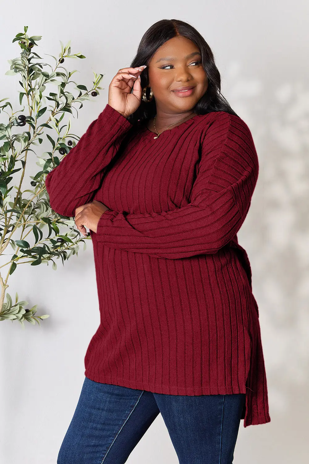 Full Size Ribbed Round Neck Long Sleeve Slit Top, image 32