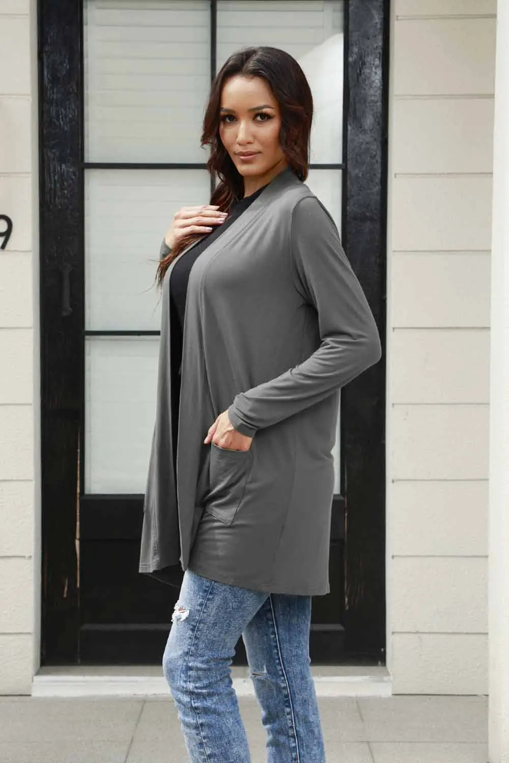 Full Size Open Front Long Sleeve Cardigan with Pockets, image 5
