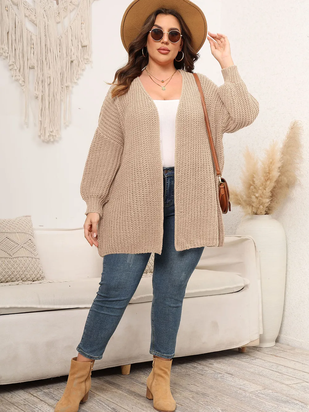Plus Size Open Front Dropped Shoulder Knit Cardigan, image 9