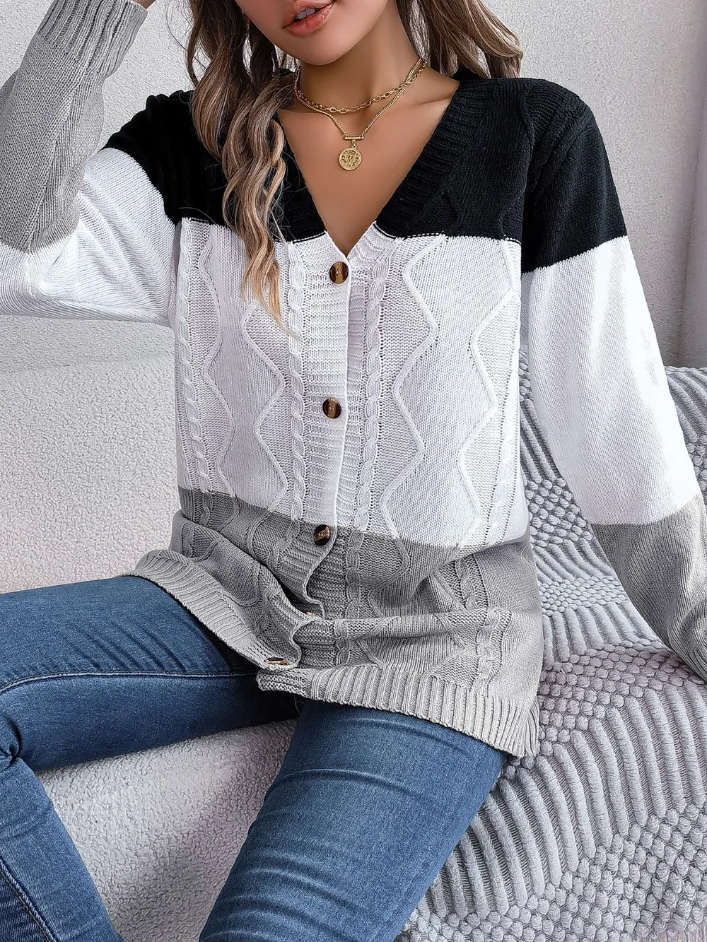 Cable-Knit Striped Button Up Cardigan, image 4