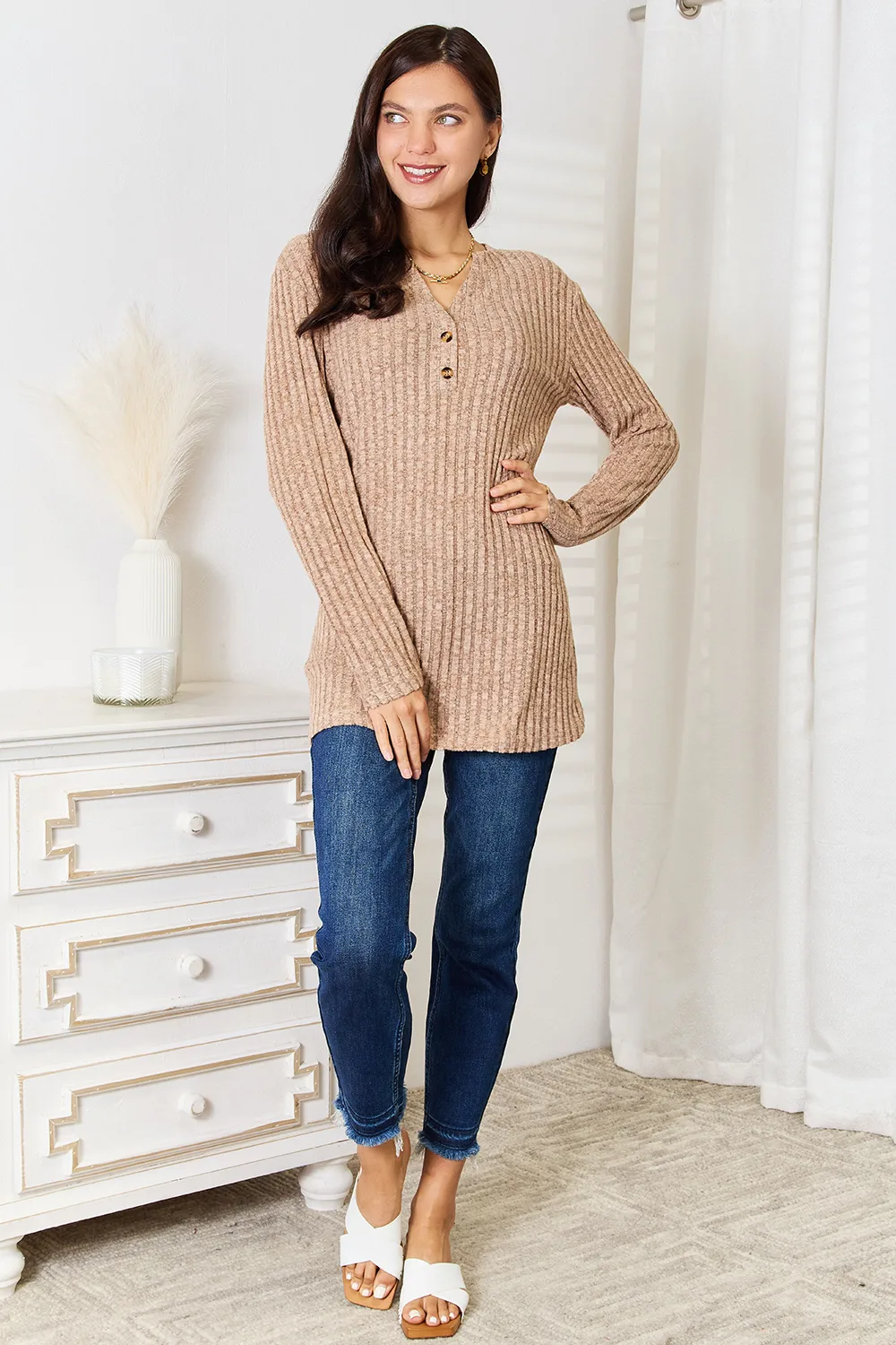 Notched Neck Ribbed Long Sleeve T-Shirt, image 7