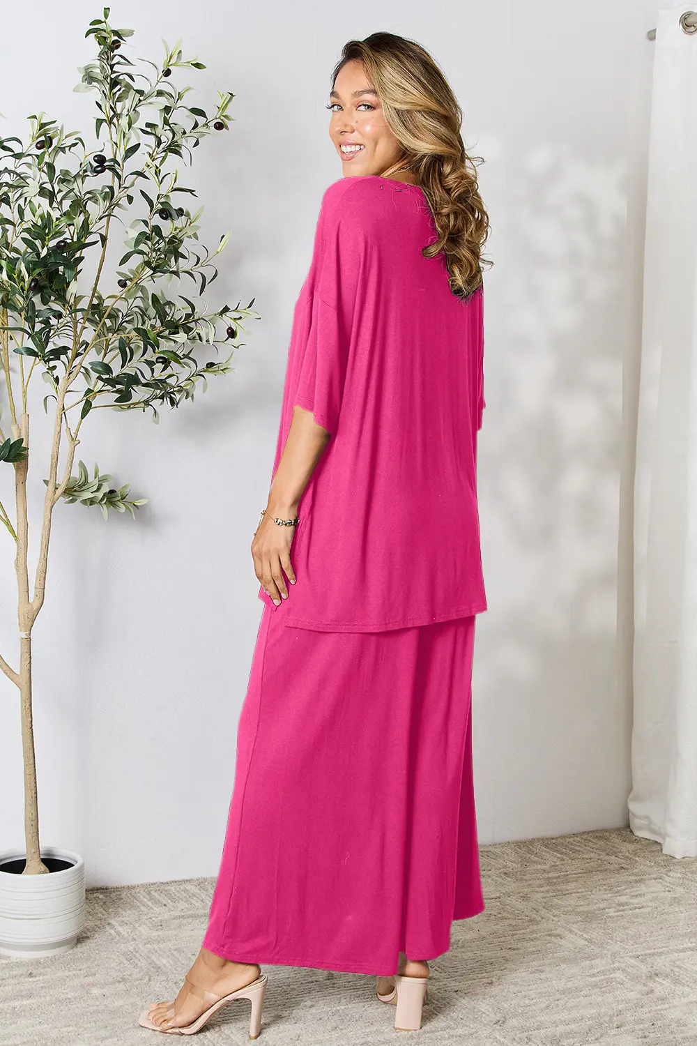 Full Size Round Neck Slit Top and Pants Set, image 32