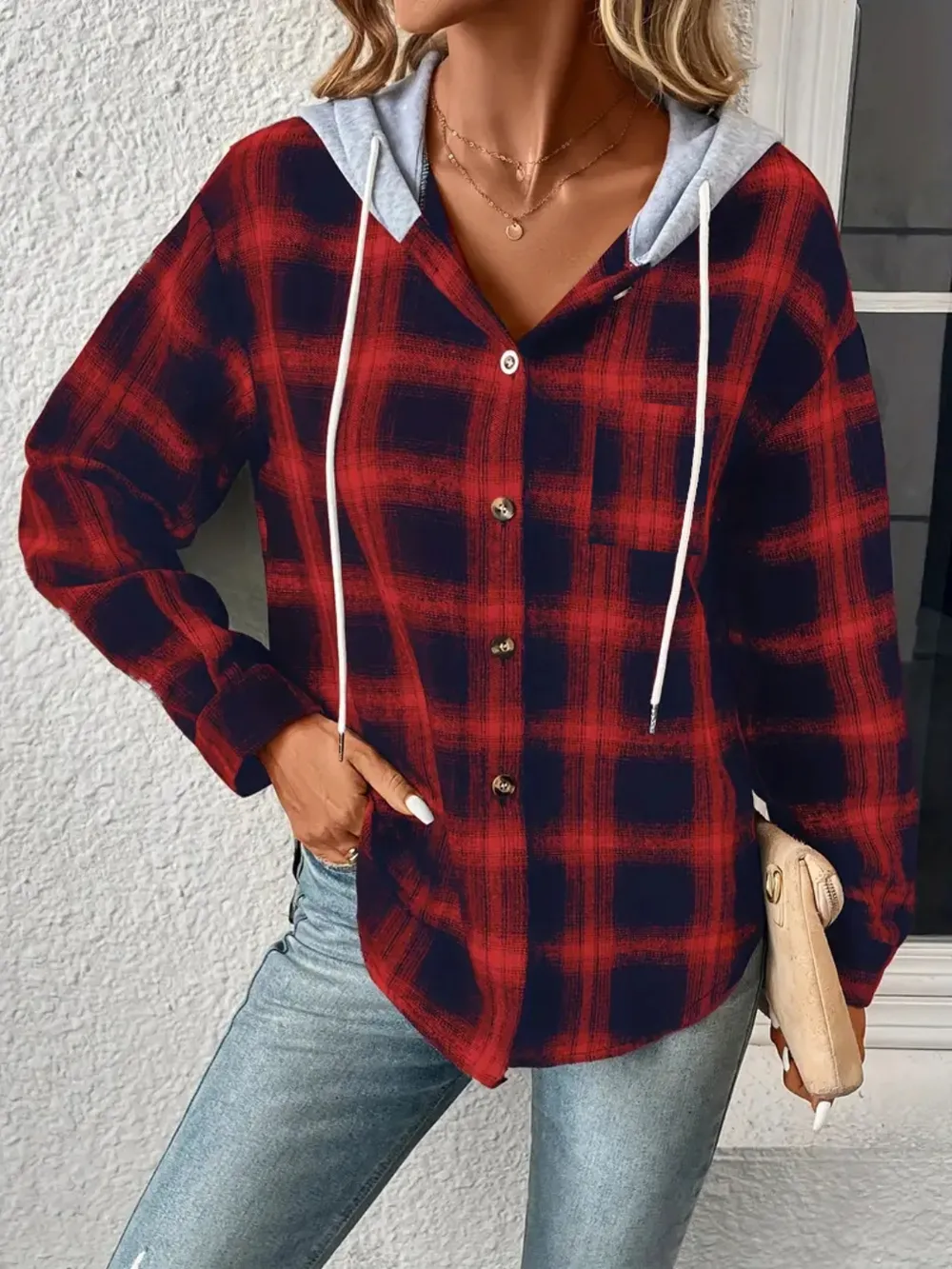 Plaid Drawstring Button Up Hooded Jacket, image 2