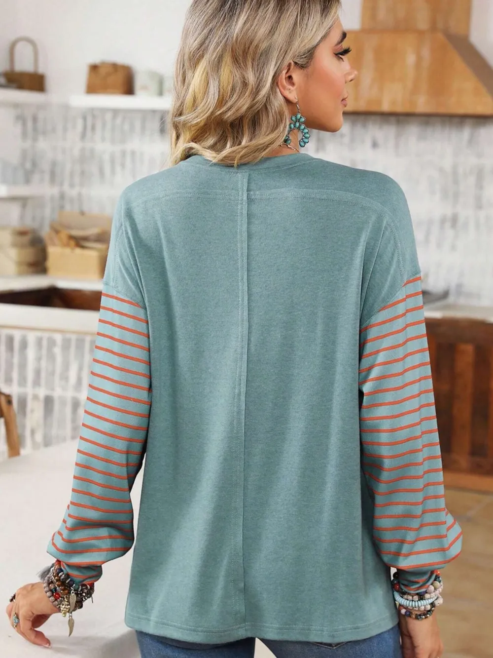 Round Neck Striped Long Sleeve Slit T-Shirt, image 16