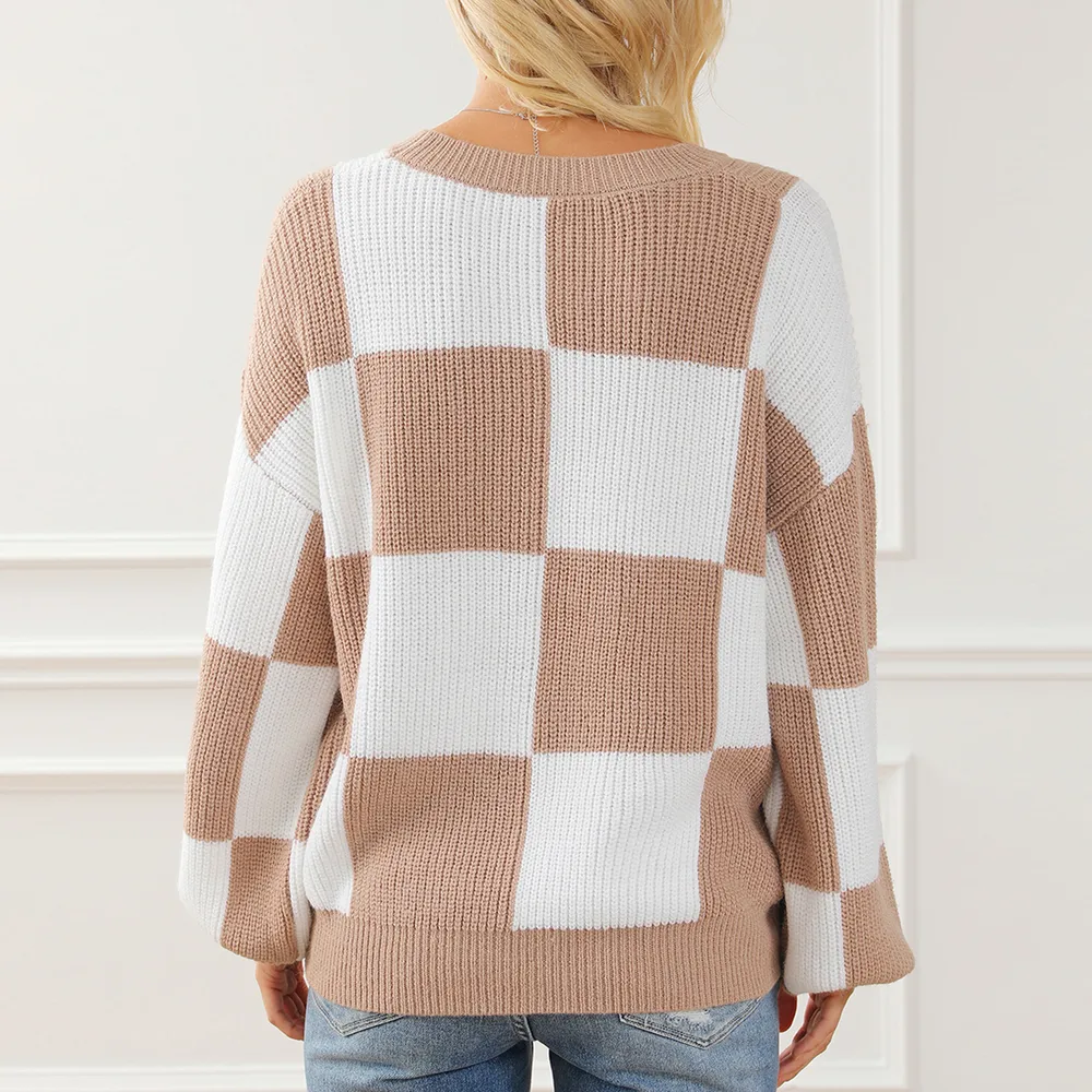 Checkered Round Neck Drop Shoulder Long Sleeve Sweater, image 2