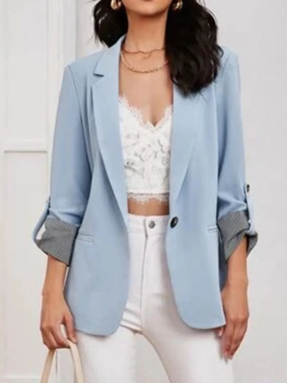 Lapel Collar Roll-Tab Sleeve Blazer, image 25