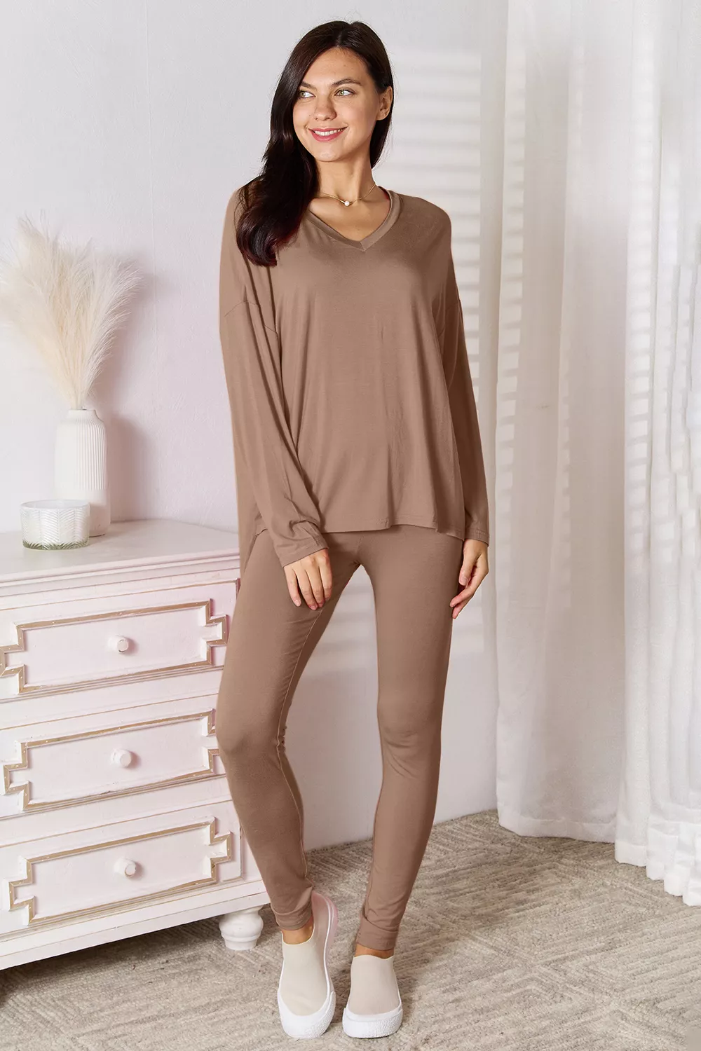 Full Size V-Neck Soft Rayon Long Sleeve Top and Pants Lounge Set, image 21