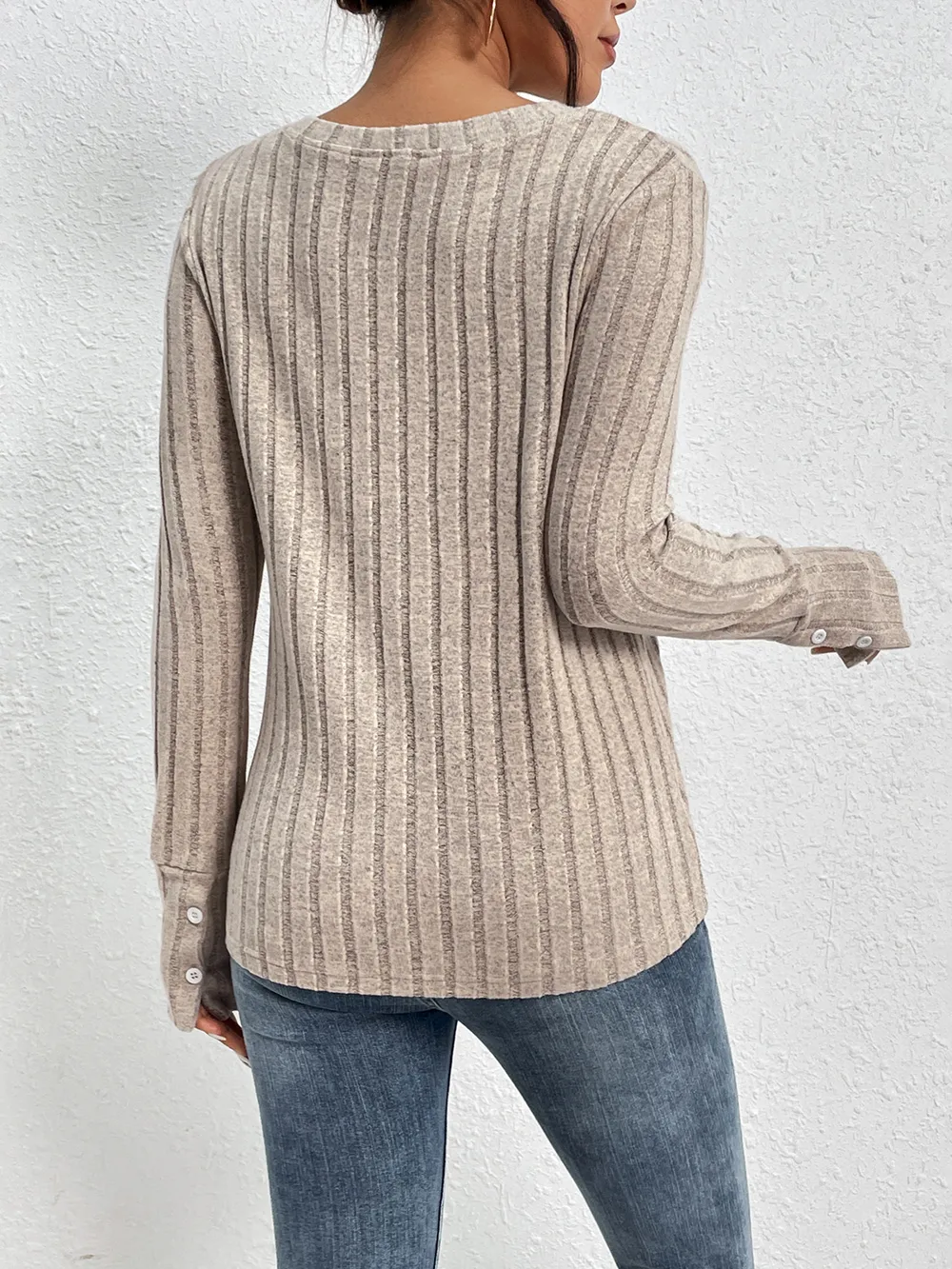Lace Detail Ribbed V-Neck Long Sleeve Top, image 5