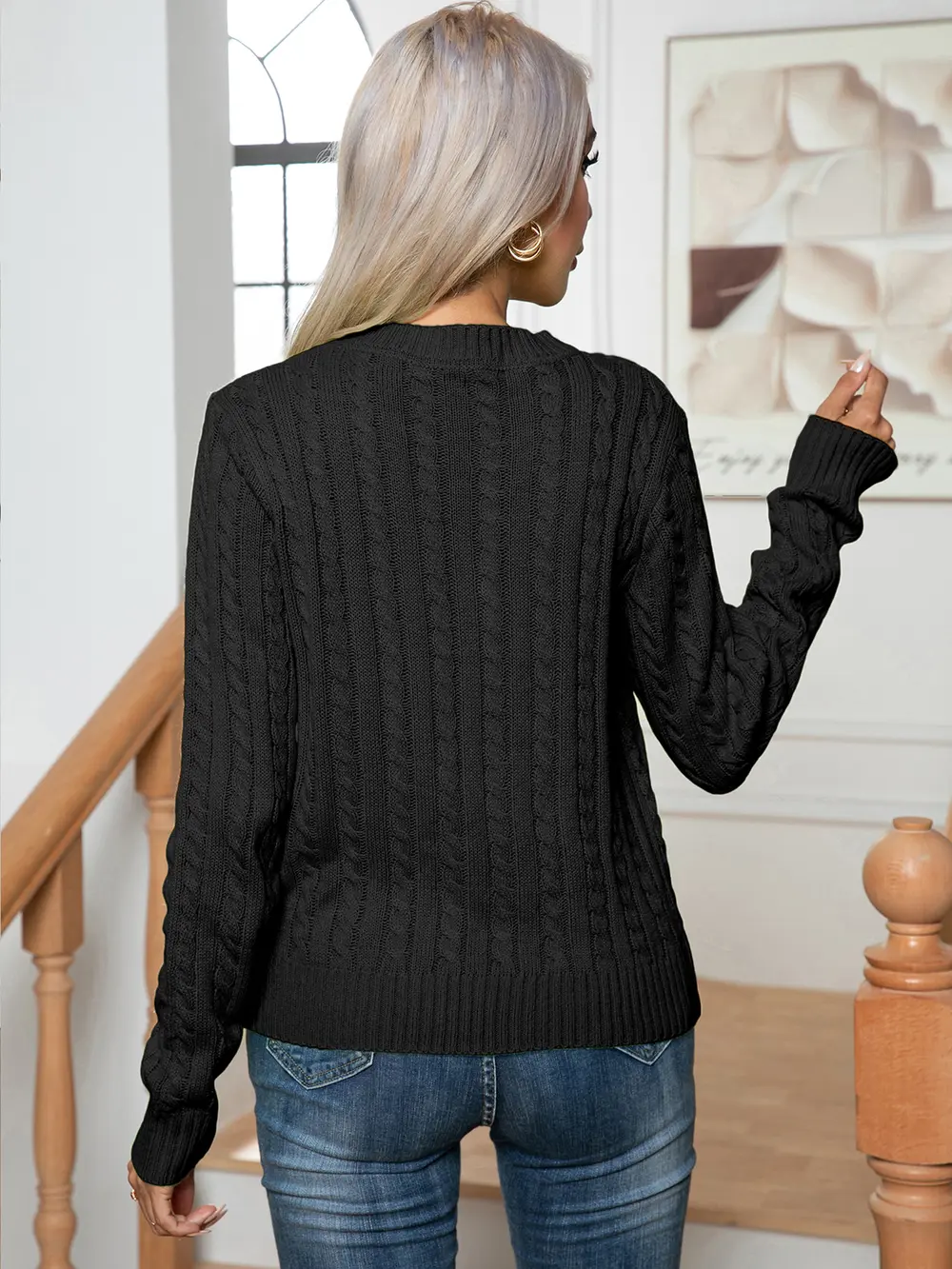 Cable-Knit Round Neck Long Sleeve Sweater, image 6