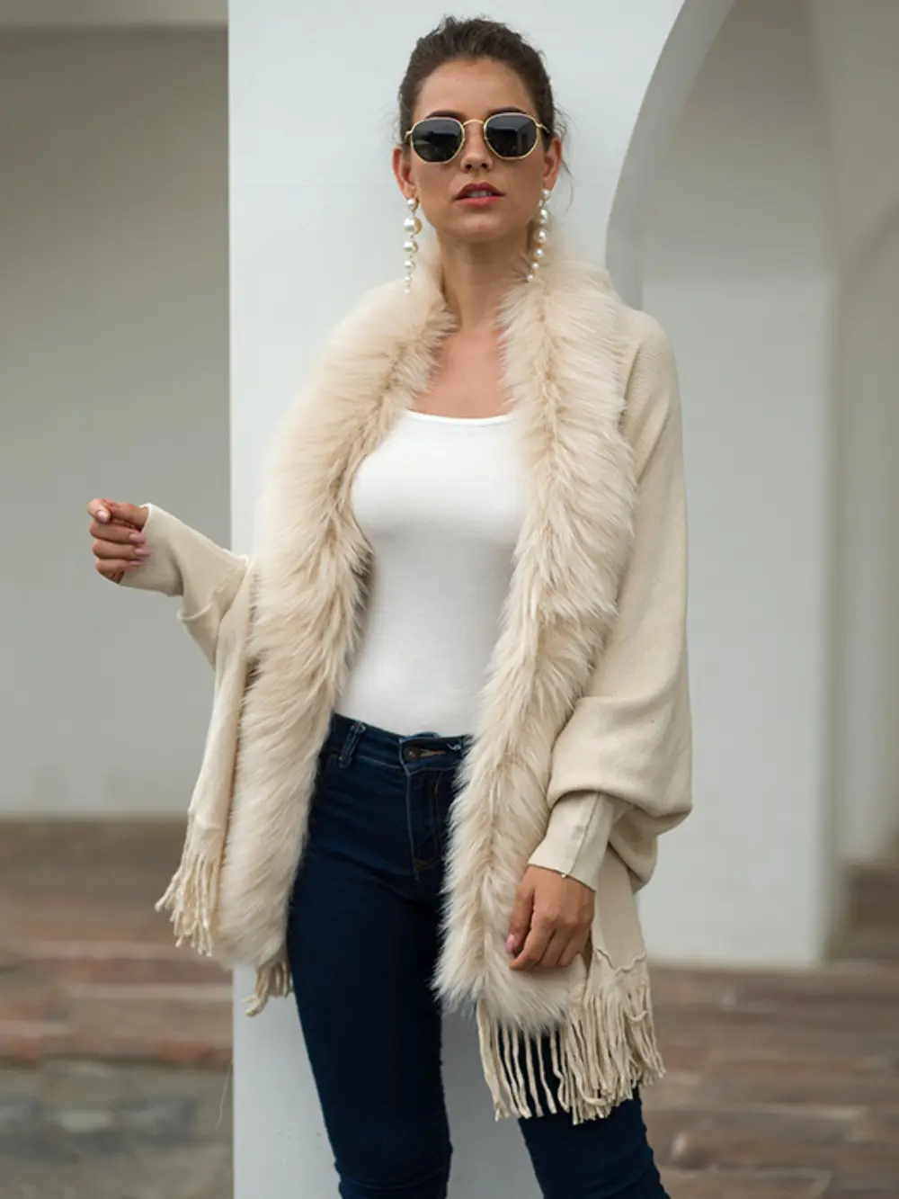 Fringe Open Front Long Sleeve Poncho, image 5