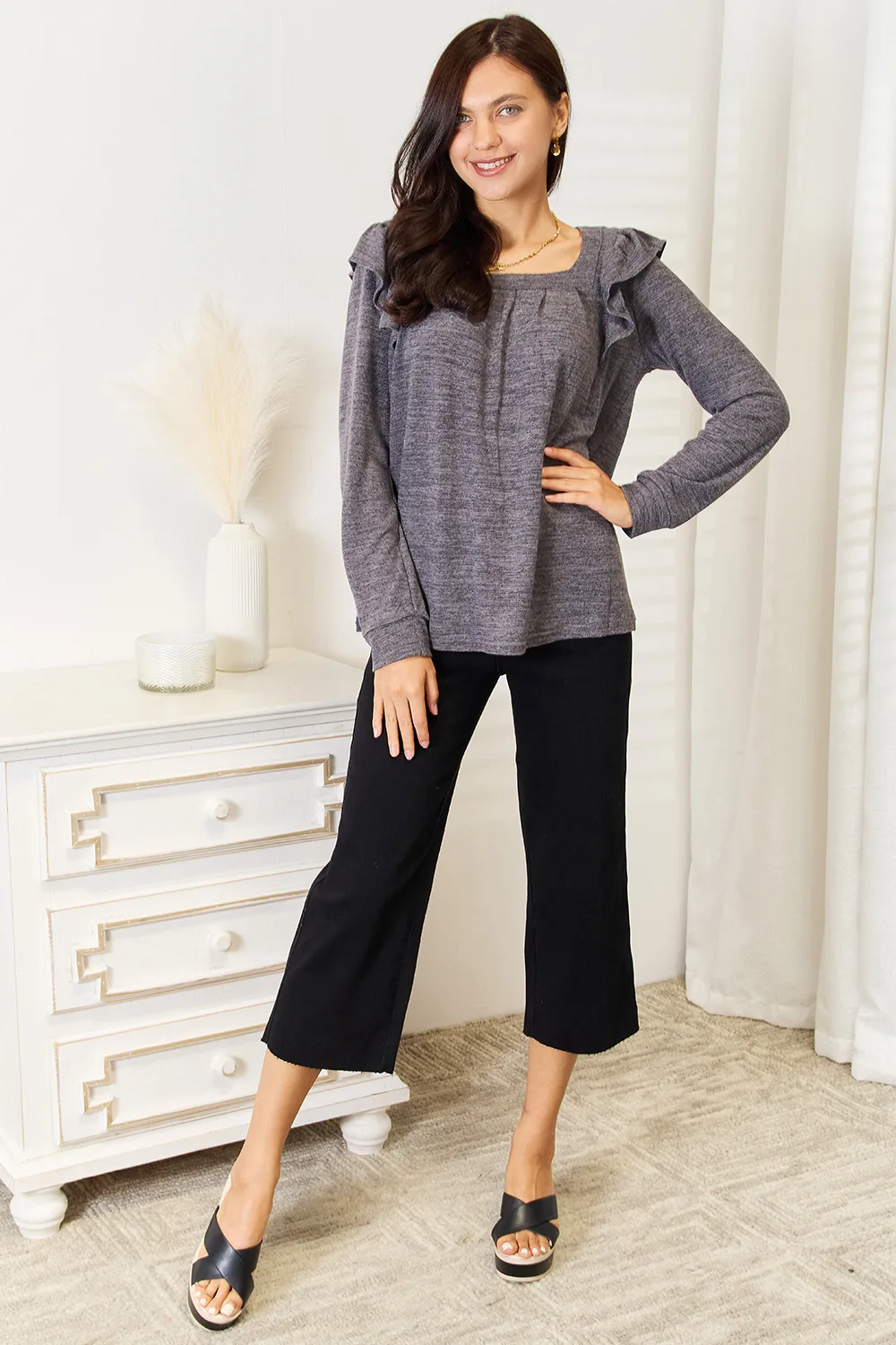 Square Neck Ruffle Shoulder Long Sleeve T-Shirt, image 17
