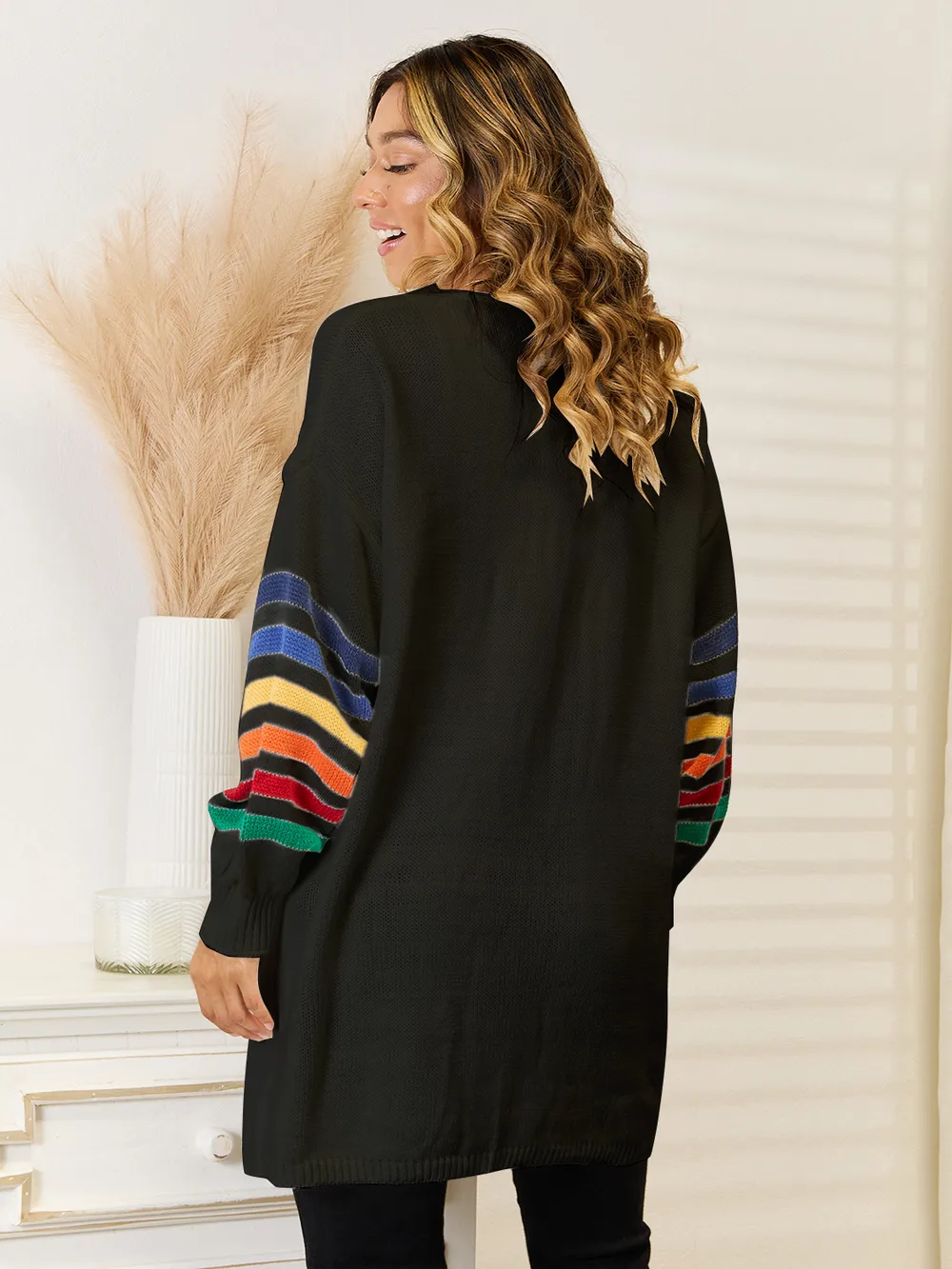 Striped Open Front Dropped Shoulder Cardigan, image 12