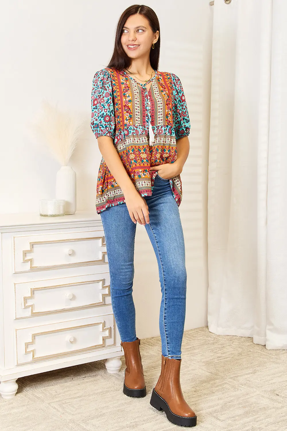 Bohemian Tassel Tie Puff Sleeve Babydoll Blouse, image 5