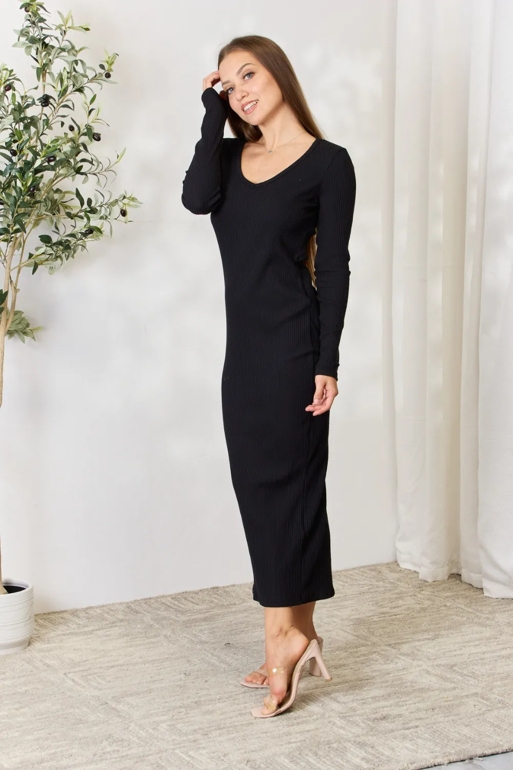 Full Size Ribbed Long Sleeve Midi Slit Dress, image 7