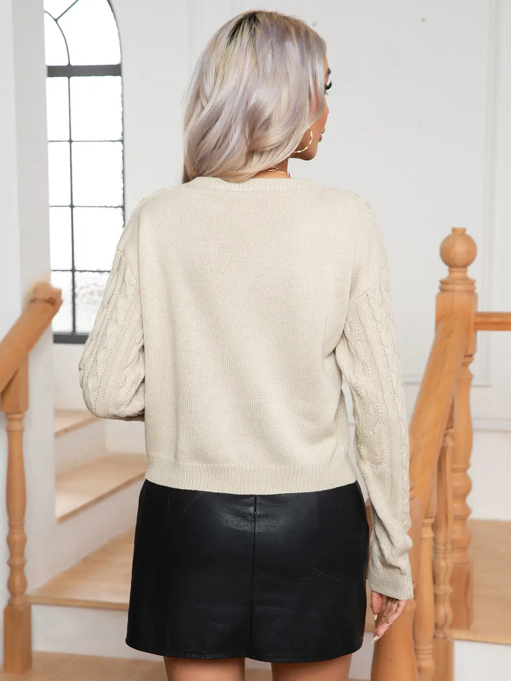 Cable-Knit Round Neck Long Sleeve Sweater, image 3
