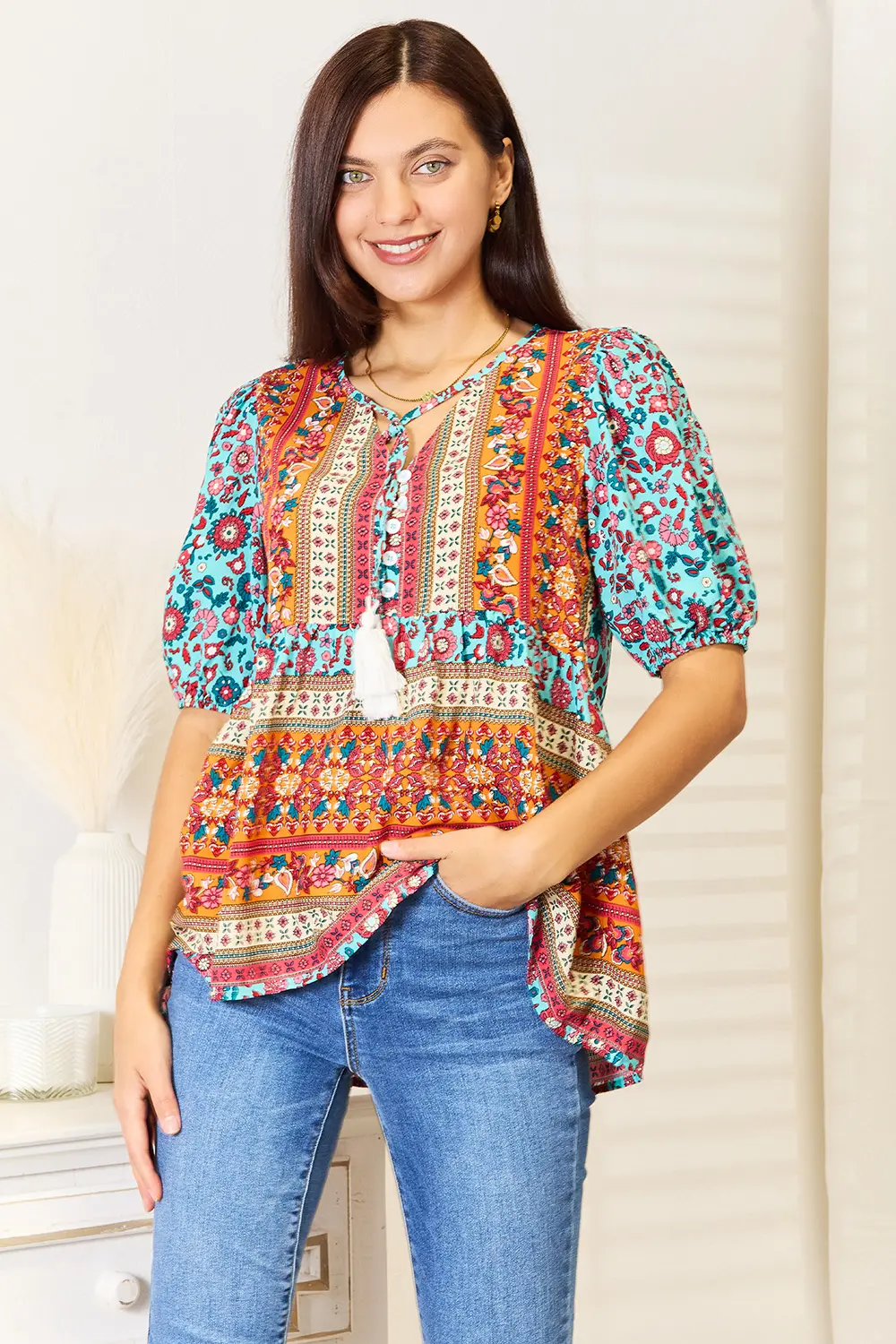 Bohemian Tassel Tie Puff Sleeve Babydoll Blouse, image 6