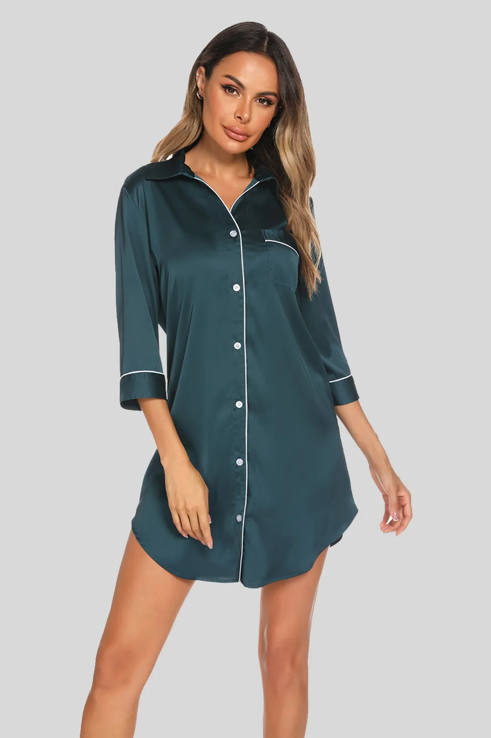Button Up Collared Neck Night Dress with Pocket, image 9