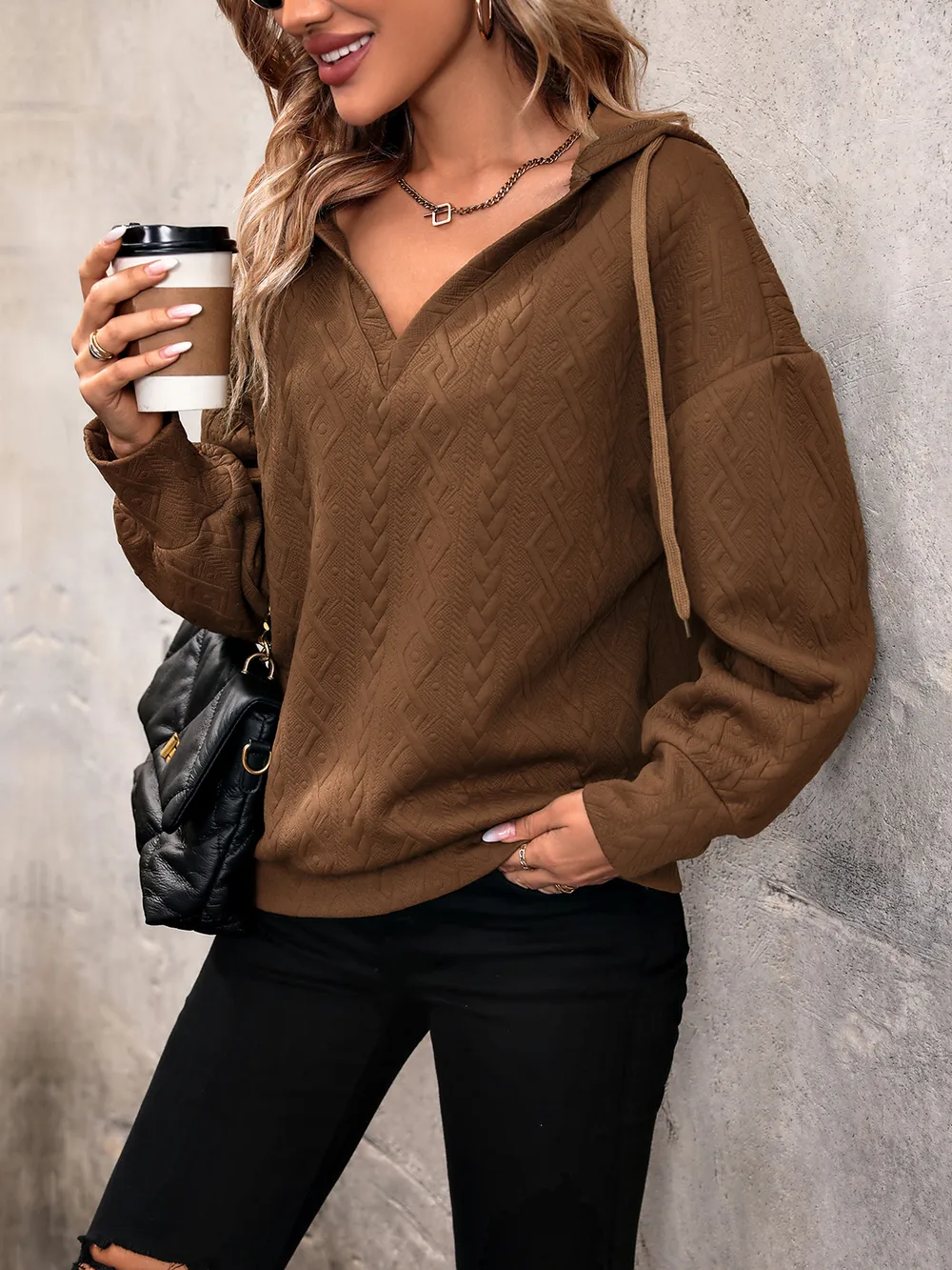 Drawstring Dropped Shoulder Long Sleeve Hoodie, image 3