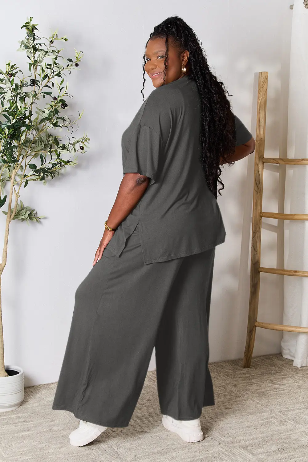 Full Size Round Neck Slit Top and Pants Set, image 33