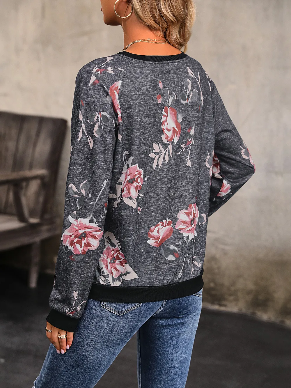 Floral Round Neck Raglan Sleeve Sweatshirt, image 2